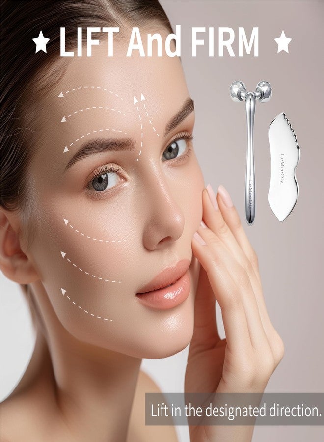 LeMeeOly أدوات غوا شا للوجه من الفولاذ المقاوم للصدأ من LeMeeOly، أداة غوا شا معدنية للوجه والرقبة، أداة غوا شا لتصريف اللمف وتقليل التجاعيد، أداة تدليك الوجه، هدية للنساء (غوا شا وبكرة للوجه) - Image 3
